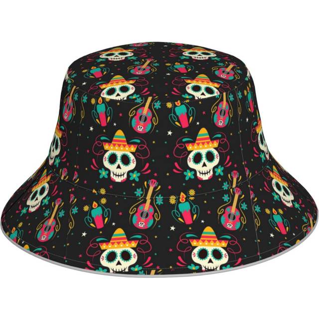 (Halloween Day Of The Dead Pattern With Skulls, Candles And Guitars_11549) Bucket Hat Reversible Reflective for Men Women - UV50+ Sun Protection Doubl