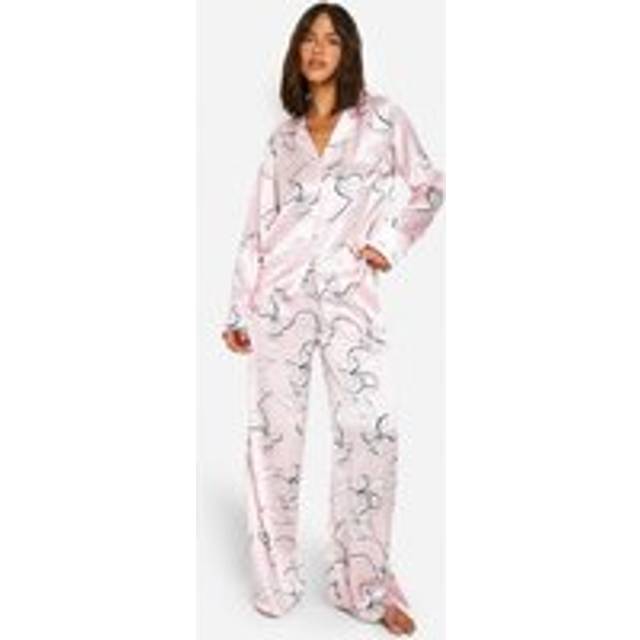 Womens Bow Print Satin Long Sleeve Shirt & Trousers Pyjama Set - Pink - 8, Pink