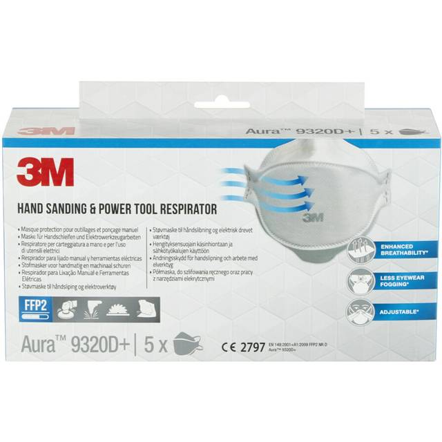3M 9320D+ Aura Disposable Particulate Respirator, FFP2, Nonvalved, 5 Pack