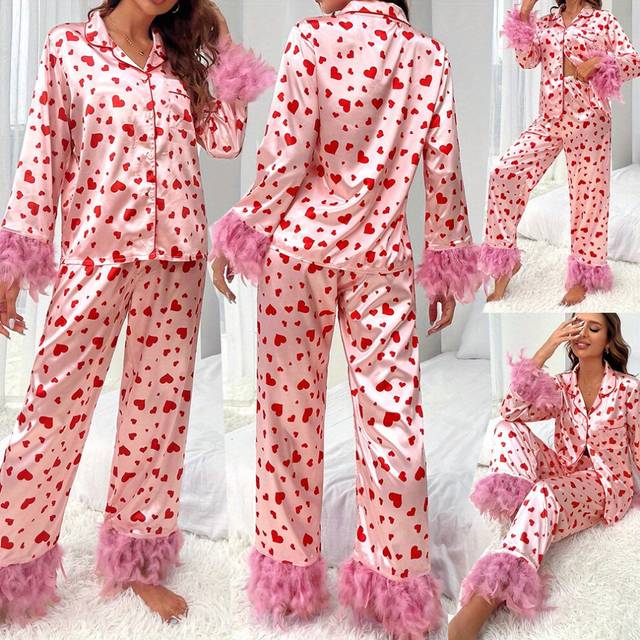 (Pink, L) Women Valentine s Day Lounge Sets Heart Print Shirt Top Wide-Leg Pants Sleepwear