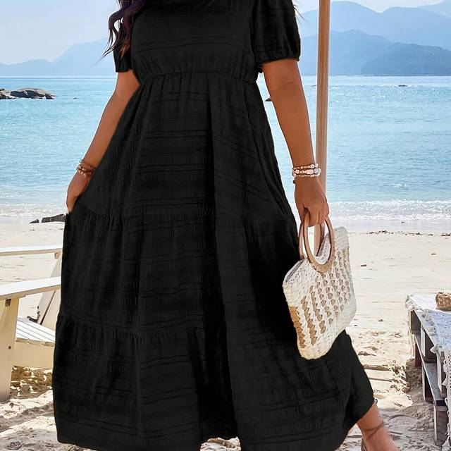 TEMU Elegant Summer Dress | Vibrant Orange Tiered Midi Dress With Ruffle Hem And Puff Sleeves | Non-stretch Fabric, Smooth Texture | Square Neckline | Beach & Casual , Beach Dres