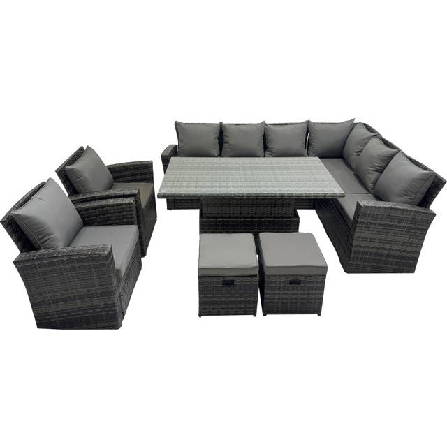 10 Seat Rattan Garden Furniture Corner Sofa Set Outdoor Adjustable Lifting Dining or Coffee Table Set with 2 Small Footstools Dark Grey Mixed - Fimous