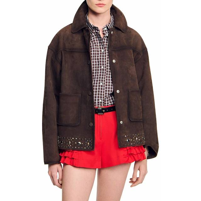 Veste en cuir suède ornée de studs - Marron - 34