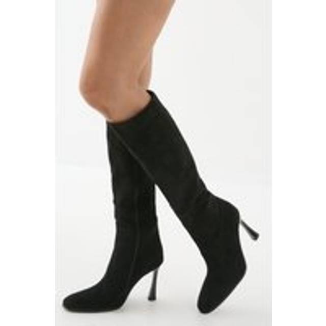Womens Faux Suede High Flared Stiletto Knee High Boots - Black - 4