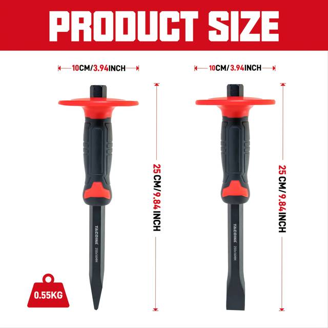TEMU 2pcs Masonry Chisel Set, 10-inch Or 12-inch Heavy-duty Flat And Pointed Chisels With , With Tpr Dual Material , /masonry/carving/concrete Breaking Chisels.