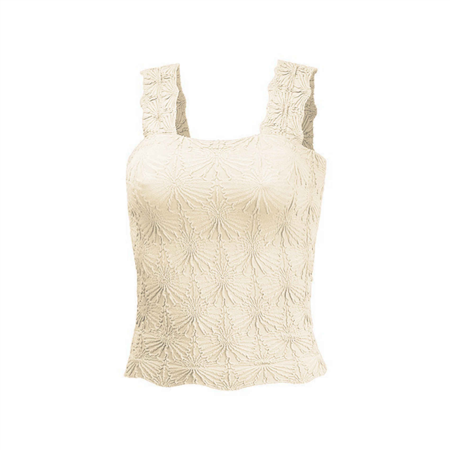 Women'S Square Neck Wide Strap Crop Tank Tops Flower Going Out Slim Fit Lettuce Trim Bee White S