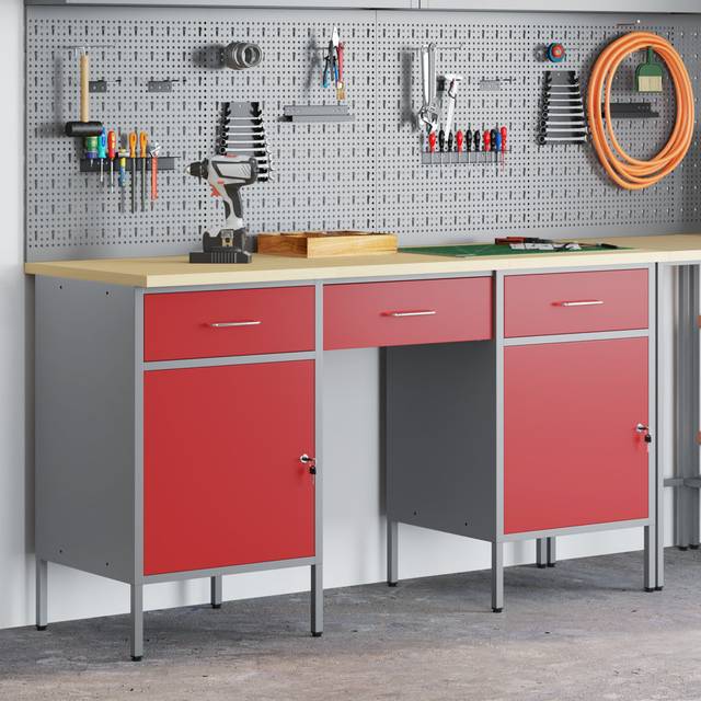 Set Of 3 Steel Adjustable Feet Industrial Work Cabinet - Red (85cm H X 150cm W X 55cm D)