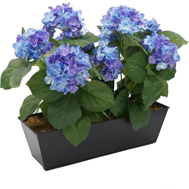 Artificial Pink Hydrangea Flower in White Tin Window Box (45cm) - Black