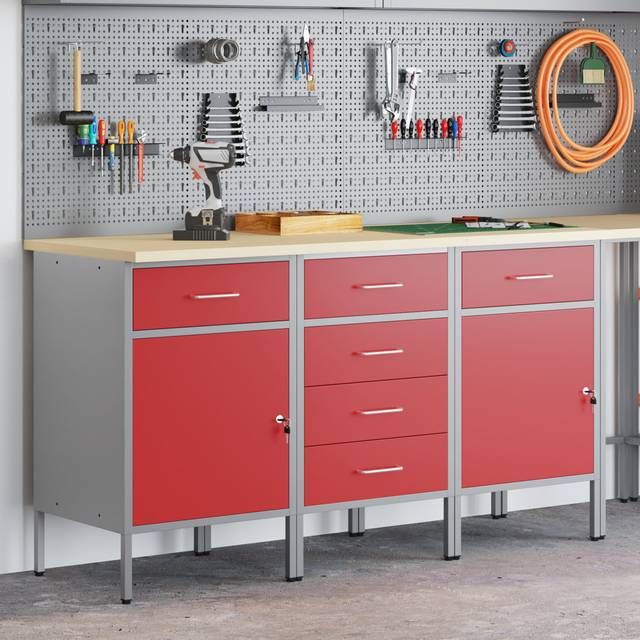 Set Of 3 Steel Medium Height-Adjustable Work Cabinet - Red (85cm H X 150cm W X 55cm D)