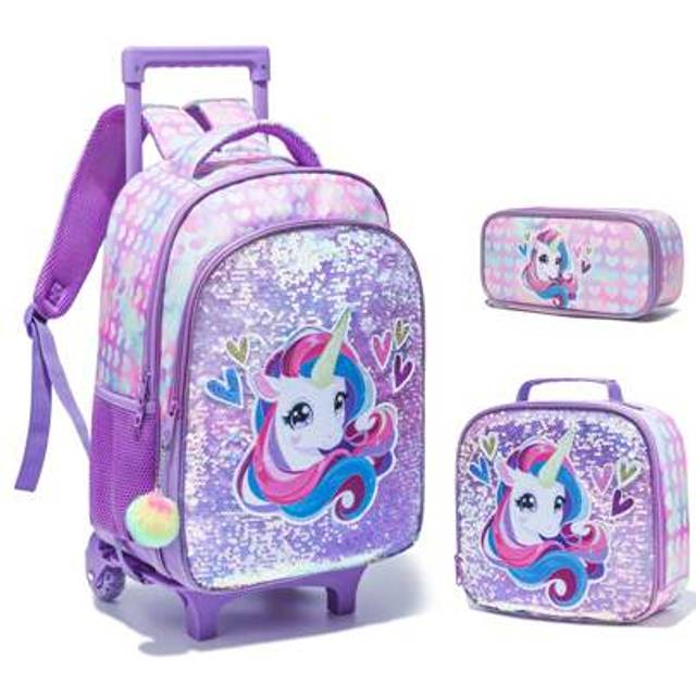 SHEIN 1. Mermaid Sequin/Unicorn Rolling Backpack, Cute Pattern School Backpack For Girls, Elementary Student 3 PiecesSet, The Best Back To School Gift For G