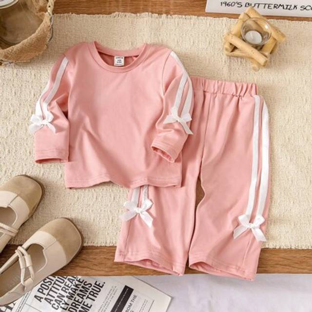 SHEIN Baby Girl Infant Newborn 0-3 Years Old Casual Sports Outdoor Round Neck Top And Pants Pink Set, Autumn/Winter