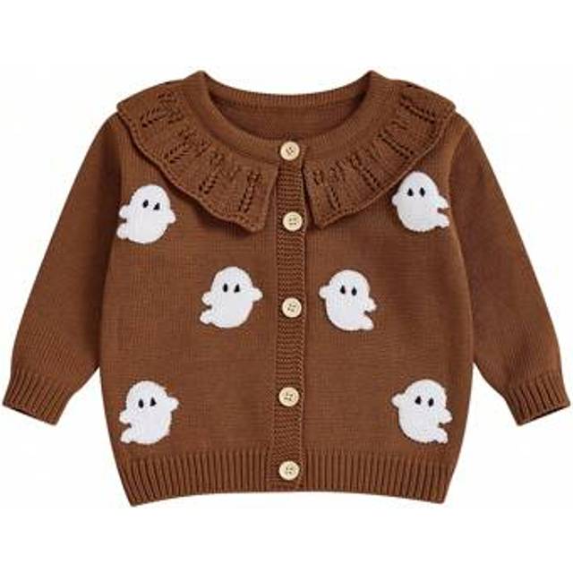 SHEIN Toddler Baby Girl Halloween Cardigan Sweater Ghost Embroidered Ribbed Button Down Long Sleeve Knitted Tops For Fall