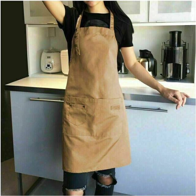 (  Khaki) Denim Canvas Pockets Apron Butcher Crafts Baking Chefs Kitchen Cooking