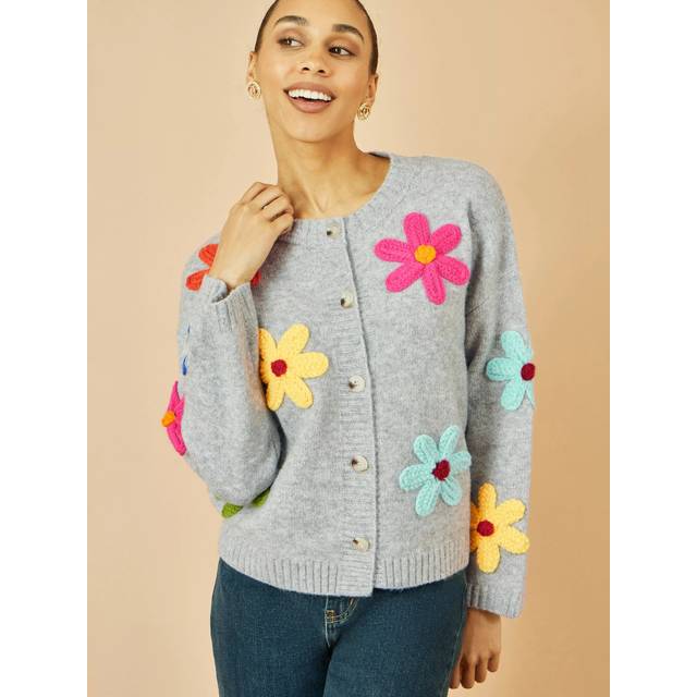 Yumi Women's Grey Floral Appliqued Cardigan New Look - M