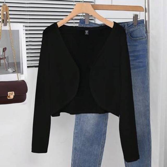 Calvaya Plus Size Casual Short Cardigan Jacket Long Sleeve Crop Tops Long Sleeve Cropped Top Long Sleeve Black Top Cute Black Tops Crop Cardigan