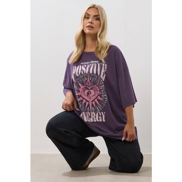 Yours Curve Purple Acid Wash 'Positive Energy' Oversized Tshirt, Women's Curve & Plus Size, Yours - 20