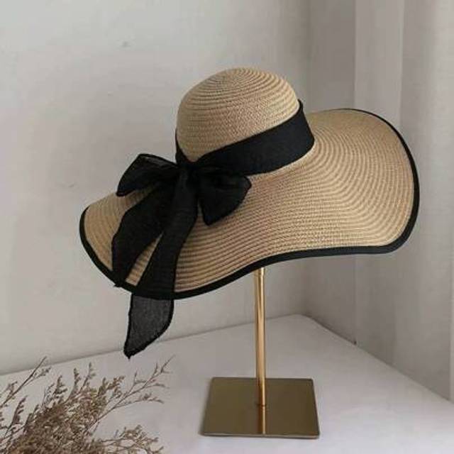 SHEIN Korean Straw Sun Hat, Foldable Women&#39;S Summer Bow Sun Hat, Seaside Vacation, Wide Brim Beach Straw Hat