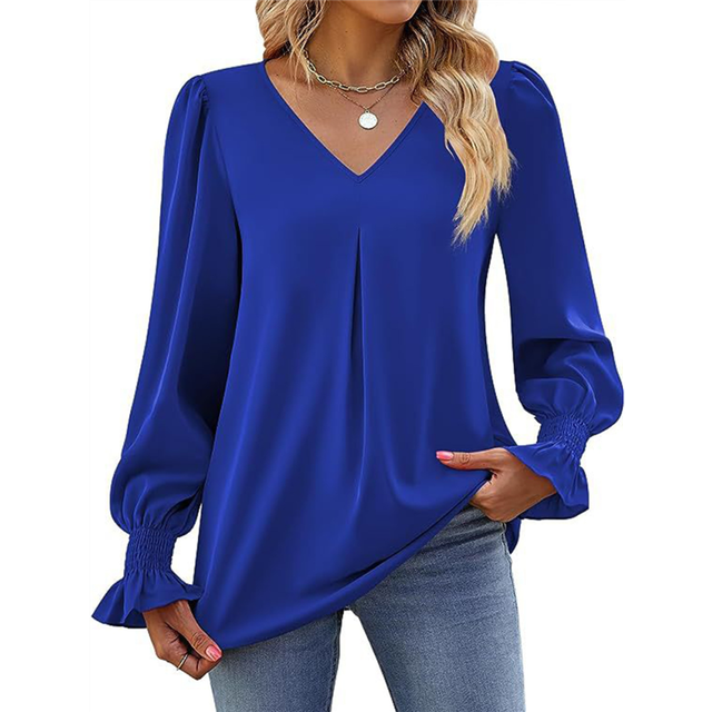 (L, Blue) Women'S 2025 Long Sleeve Tops Dressy Casual V Neck Tunic Shirts Loose Chiffon Work Blouse Khaki S