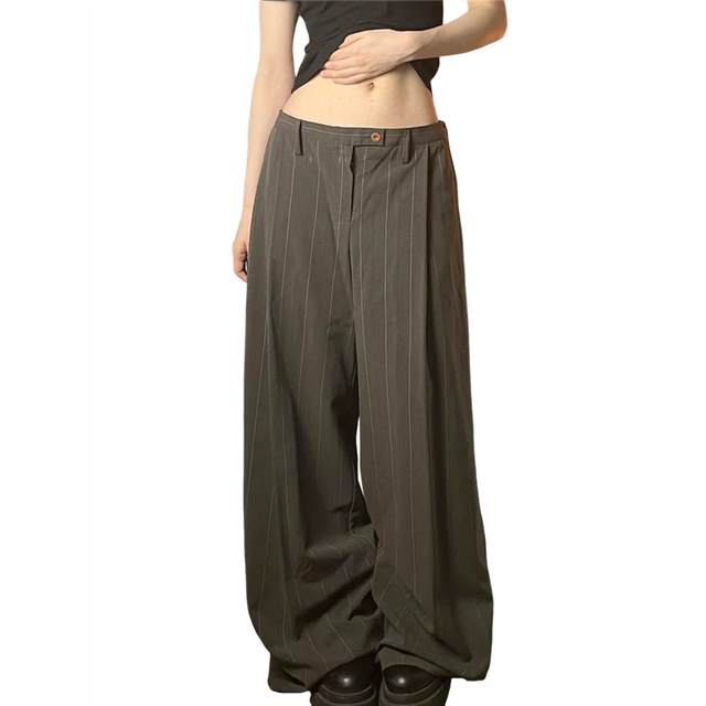 (M, Brown) Stripe Flowy Pleated Wide Leg Pants for Women Light-Weight High Waist Trouser with Pockets Brown S