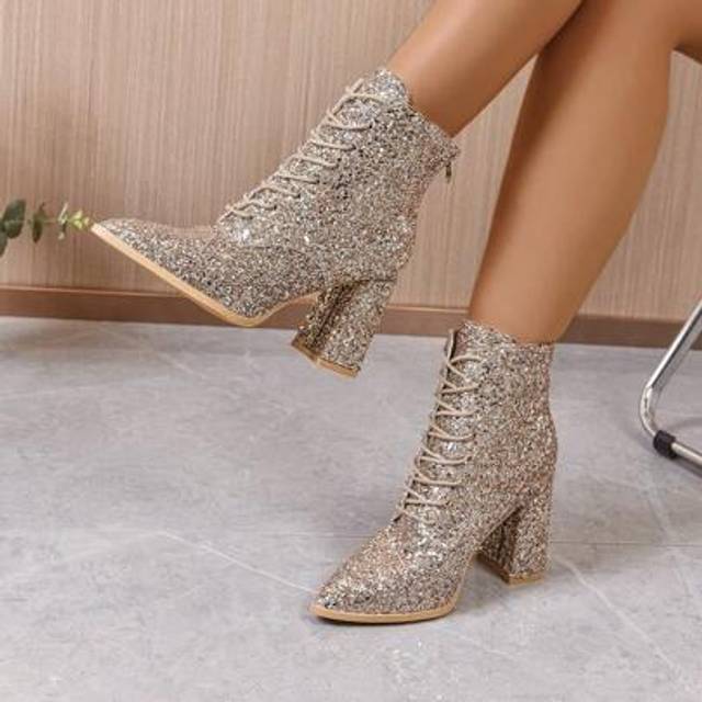 SHEIN Plus Size Women&#39;s Tie-Up Ankle Boots, Fashion Sexy New Pointed Toe Thick Heel Short Boots For Autumn & Winter