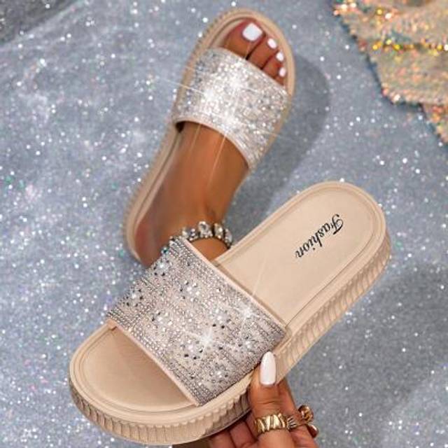 SHEIN Women&#39;s Fashion Rhinestone Slide Sandals, Flat Platform Slip-On Slippers For Summer