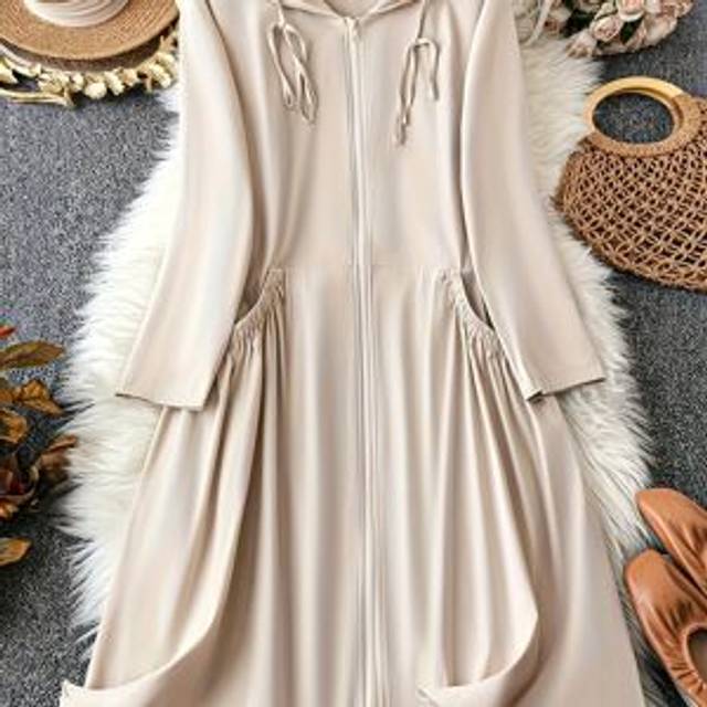 TEMU Women's Plus Size Beige Hooded Trench Coat With Pockets - Stylish Long Sleeve, V-neck, Outerwear For Casual Attire, Casual Attire|hooded Coat|stretchy Fabric
