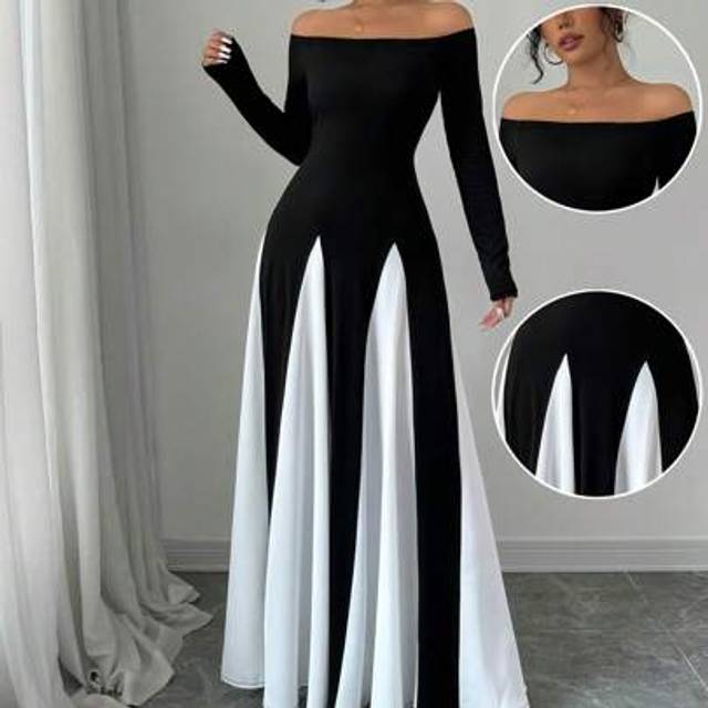 Rafferiza Elegant Sexy Daily Party Dress, Off-Shoulder Waist Cinched Bodycon Dress With White Splice, Elastic Knit Black, For Women, Autumn/Winter Maxi Women Ou