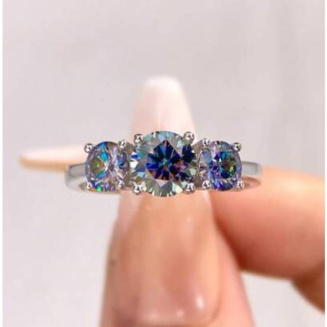 SHEIN 1Pc Three Of Colorful Moissanite Diamond Wedding Band Ring Design D Color 1ct S925 Sterling Silver Ring,Suitable For Engagement, Wives, Girlfriends, B