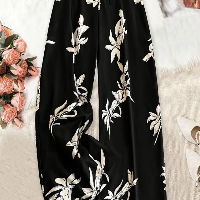 TEMU Women's Plus Size Elegant Floral Print Wide-leg Pants - Non-stretch, High-waisted With Drawstring, Black With White Geometric Floral Patterns, Spring/summer/fall
