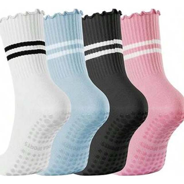 SHEIN 6 Pairs Women&#39;s Ruffle Trim Yoga Mid-Calf Socks, Cute Ruffle Non-Slip Mid-Calf Socks For Barre Workout