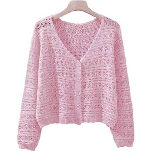 SHEIN Women&#39;s Summer Knit Cardigan Solid Color Cut Out Long Sleeve V-Neck Sheer Mesh Tops