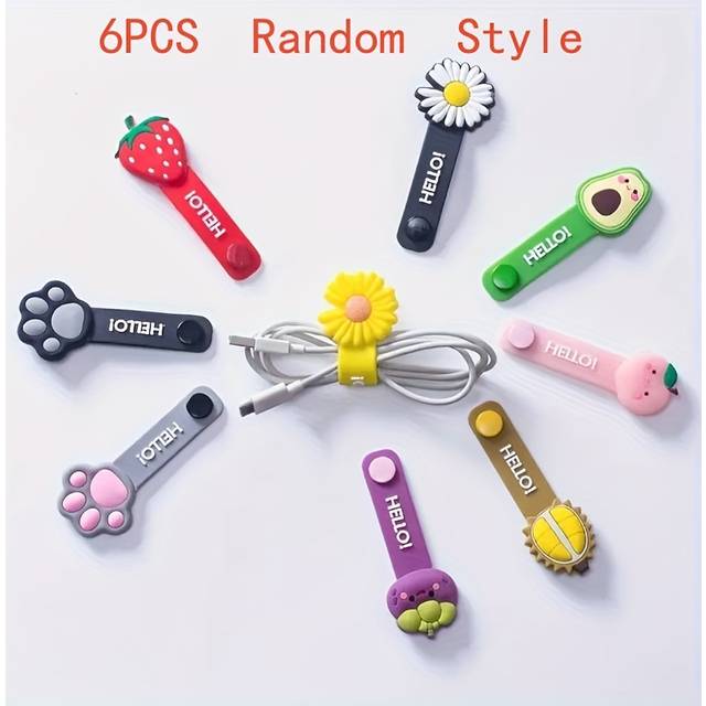 TEMU 3/6pcs Of Reusable Cable Ties, Cute Cartoon Animal Headphone Cable Ties, Fruit Shaped Headphone Cable Wrappers, Usb Cable With Silicone Cable Tie Clip, Cable Organizer