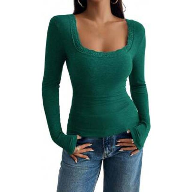 SHEIN Women&#39;s Lace Long Sleeve Top - Autumn Slim Fit Knitted Blouse U Neck Going Out Shirt Elegant Fitted Party  Dinner Outfit