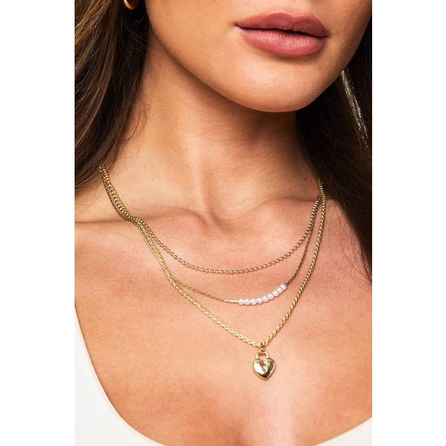 Womens Heart Locket Pearl Layered Necklace - Gold - One Size