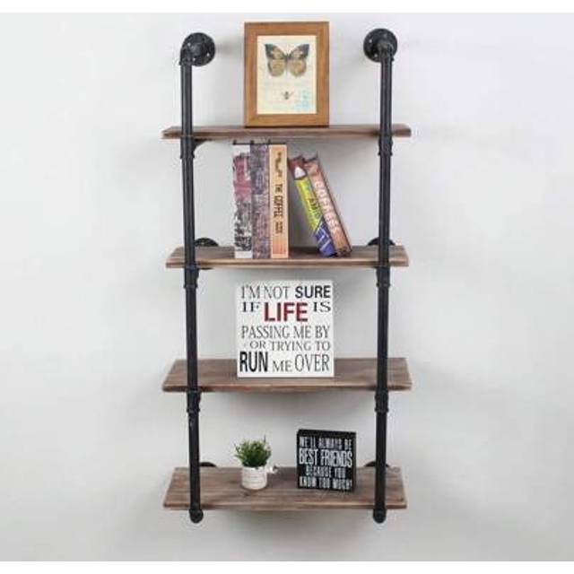 SHEIN Industrial Pipe Shelving Wall Mounted,24in Rustic Metal Floating Shelves,Steampunk Real Wood Book Shelves,Wall Shelf Unit Bookshelf Hanging Wall Shelv