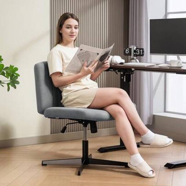 SHEIN HOMCOM Armless Office Chair No Wheels, Linen Fabric Criss Cross Legged Desk Chair With Wide Seat, Thick Padding, Tilt Function, Height Adjustable Swiv
