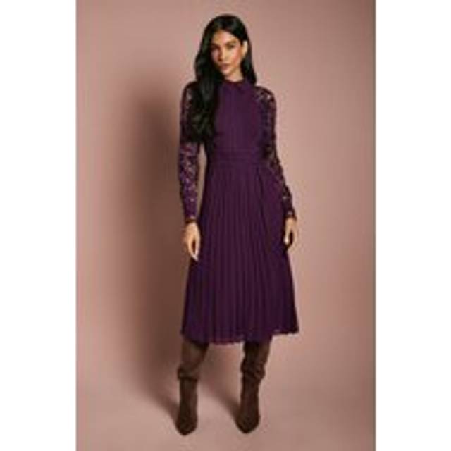 Long Sleeve Lace and Pleated Midi Shirt Dress - Plum - Red - 14