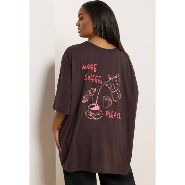 Yours Curve Brown 'Pancake Club' Back Print Oversized Tshirt, Women's Curve & Plus Size, Yours - 18