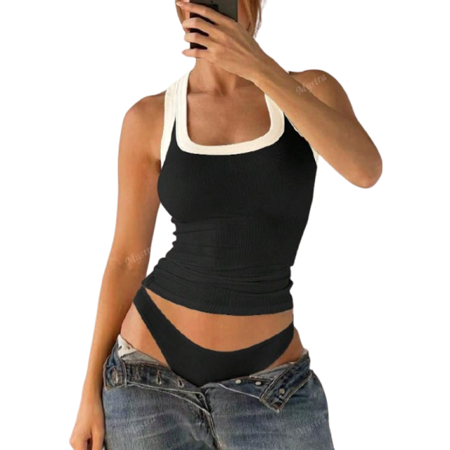 SHEIN Mystra Summer Simple Retro Solid Color Ribbed Knit Sexy Casual U Neck Crisscross Back Tank Top