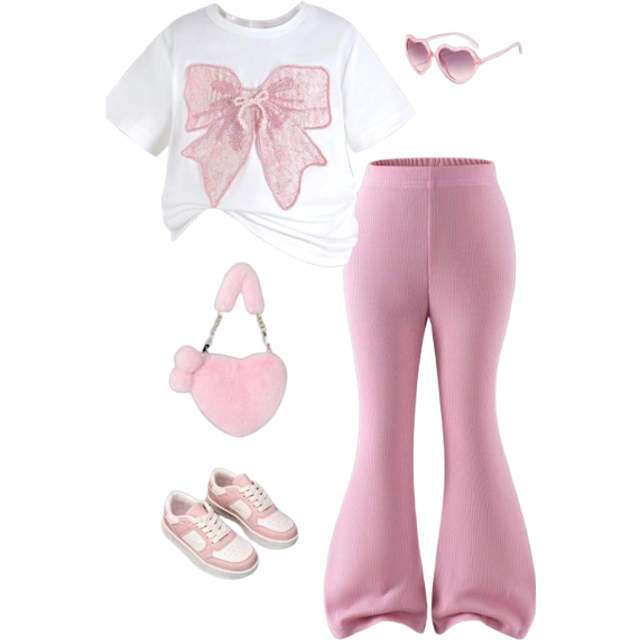 SHEIN 2pcs/Set Toddler Girls Casual White Short Sleeve Bow T-Shirt And Pink Bell-Bottom Pants Summer Outfit
