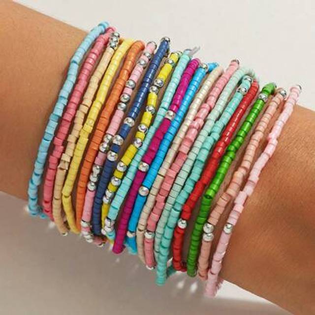 SHEIN 19pcs Colorful Glass Bead Stretch Bracelets, Boho Style Handmade Beaded Bracelets For Women (CCB Seed Beads, Random Color)