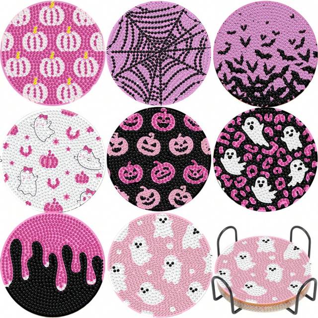 SHEIN 8pcs Pink Halloween Themed Diamond Painting Coasters With Holders, DIY Diamond Art Coaster Kit, Suitable For Beginner Craft Supplies
