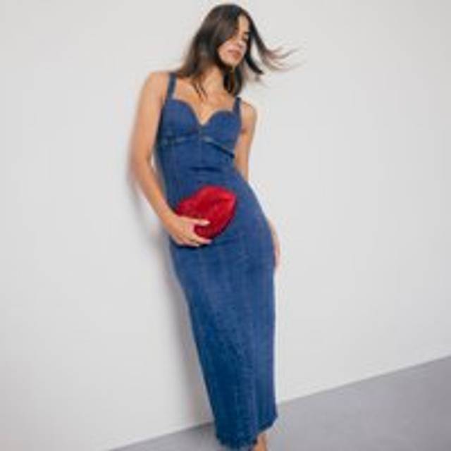 River Island Womens Blue Denim Plunge Neckline Bodycon Maxi Dress - 14