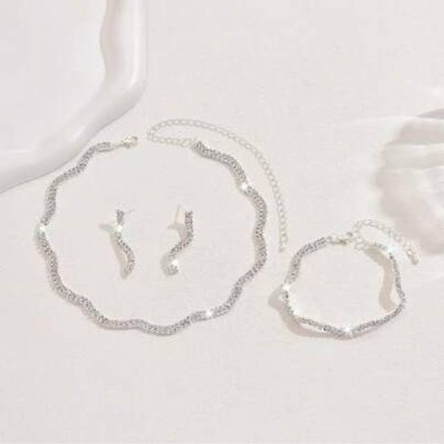 SHEIN 3 Pieces Set Of Shiny Wavy Shape Necklace, Earrings And Bracelet, Elegant Bridal Wedding Party Jewelry
