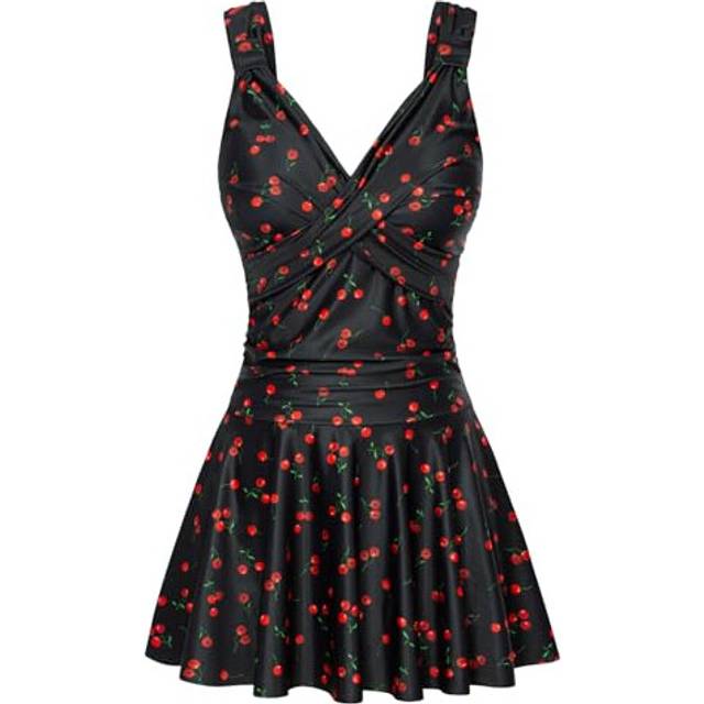 GRACE KARIN Women Swimming Costume with Skirt Swimdresss One Piece Swimsuit Bathing Suit Cherry on Black XL