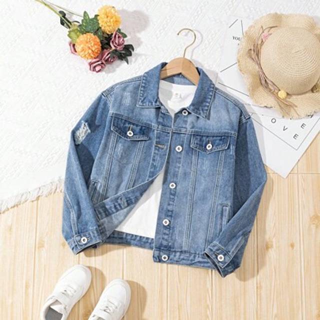 SHEIN Tween Girls Y2K Denim Jackets & Coats, New Autumn/Winter Oversized Distressed Washed Blue Denim Jacket, Comfortable Casual Fashion Outerwear For Teena