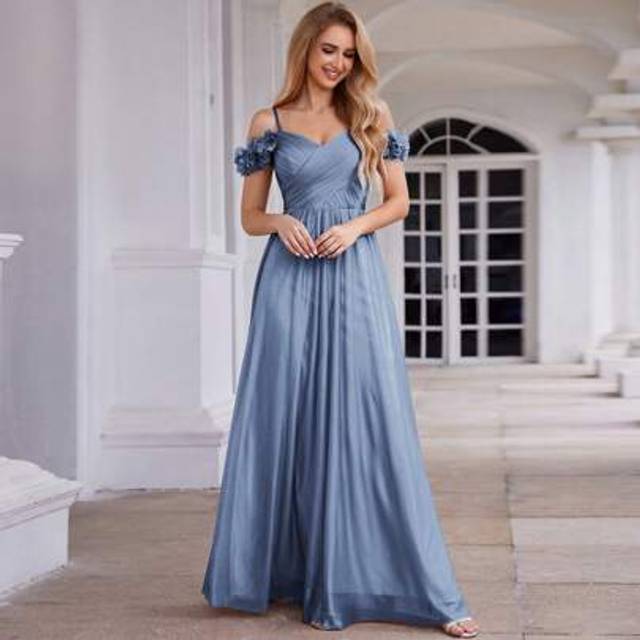 SHEIN Flower Off Shoulder Strap Dusty Blue Bridesmaid Dress With Backless Design Elegant Dress Formal Evening Dress For Party