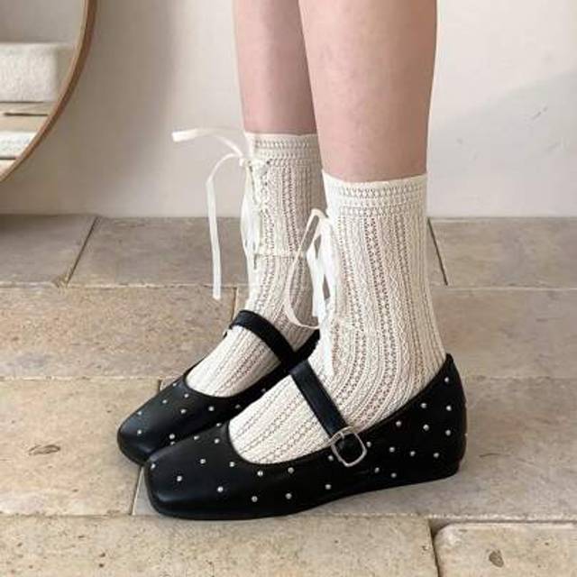 SHEIN 4cm Heel French Retro Square Toe Rivet Buckle Mary Jane Flats, Versatile Slip-On Casual Shoes