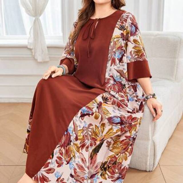 SHEIN Plus Size Women Retro Patchwork Linen Floral Print Long Arab Style Dress
