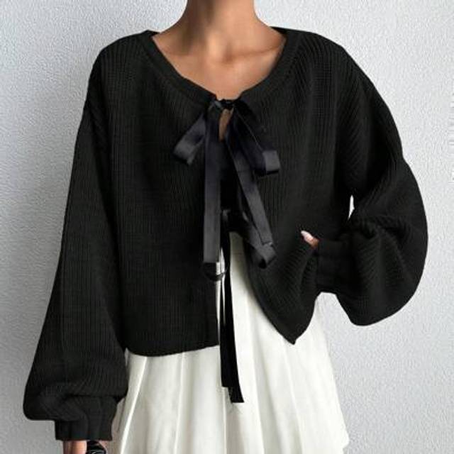 SHEIN Women&#39;s Drop Shoulder Long Sleeve Bowknot Tie Front Chunky Knit Cardigan